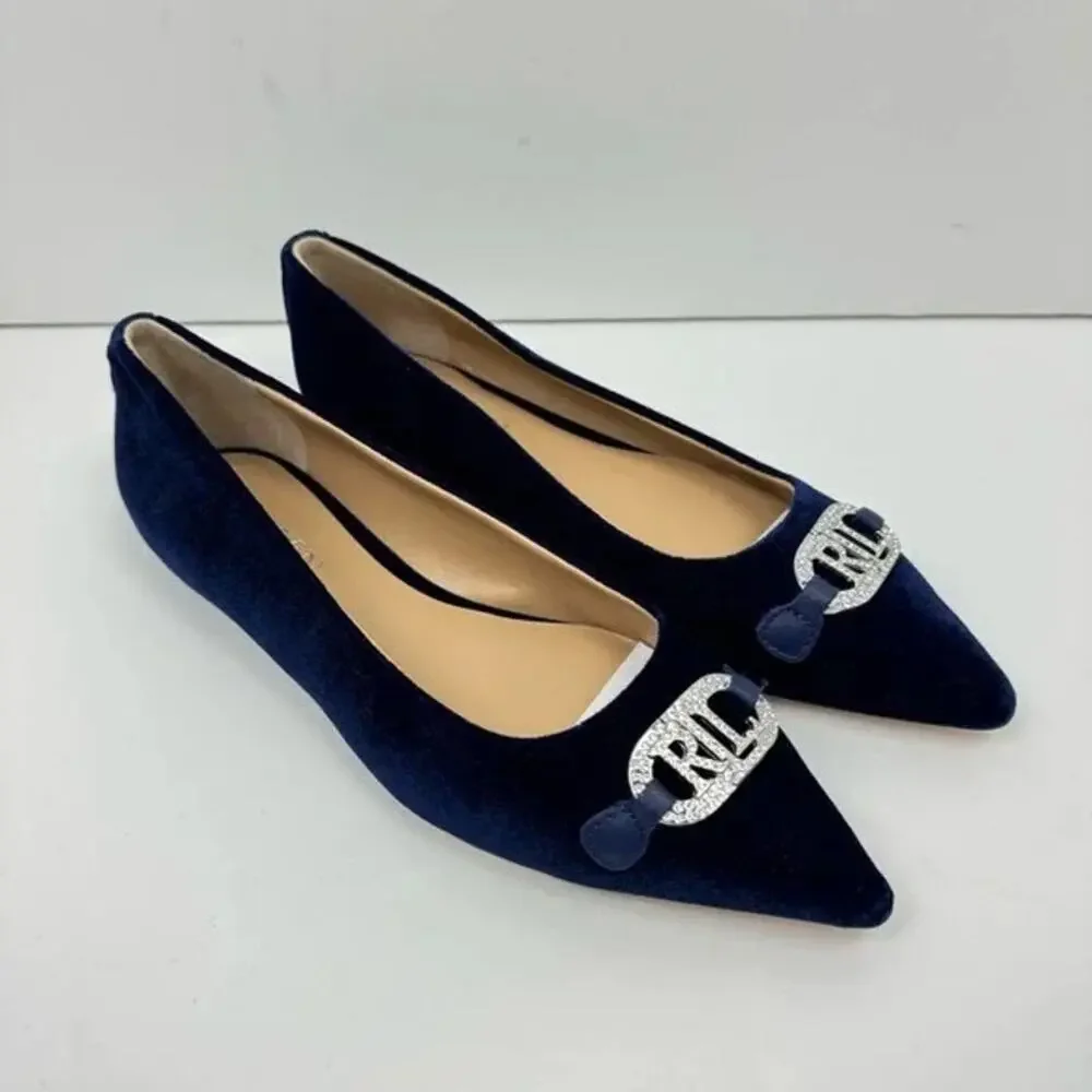 NEW Lauren Ralph Lauren | Lilah Navy Blue Velvet Crystal Logo Pointed Toe Flat